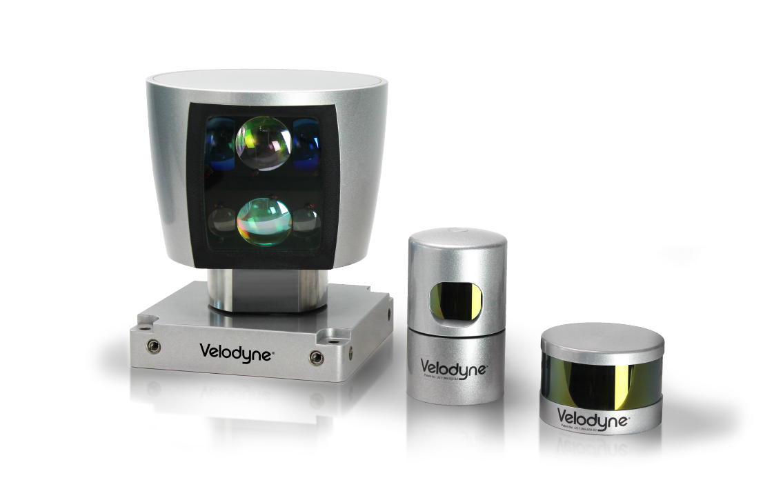 Velodyne lidar sensors, with HDL 64, HDL 32, VLP 16 from left to right. The larger the sensor, the higher the resolution.