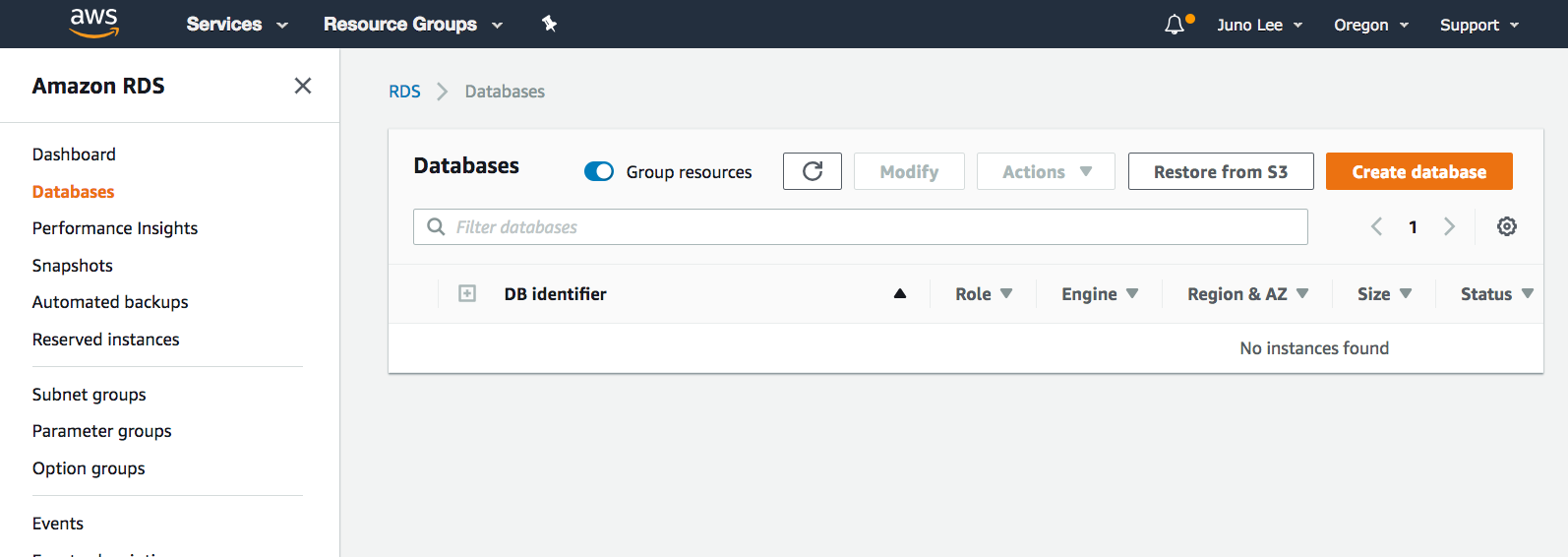 Amazon RDS service &#8594; Databases dashboard