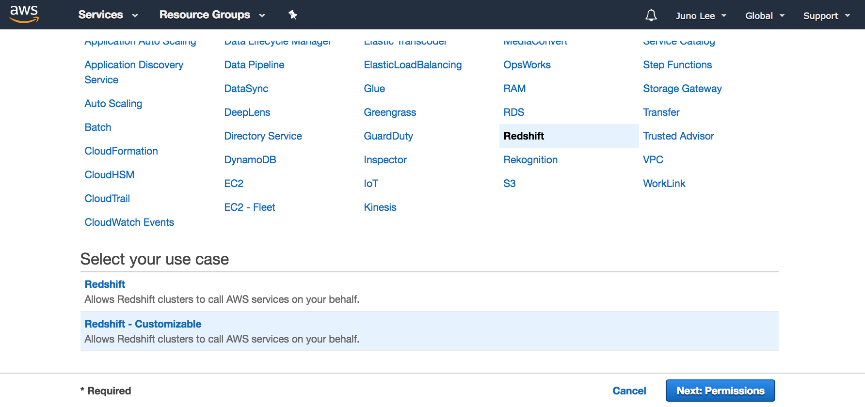 Select Redshift service, and *Redshift - Customizable* use case