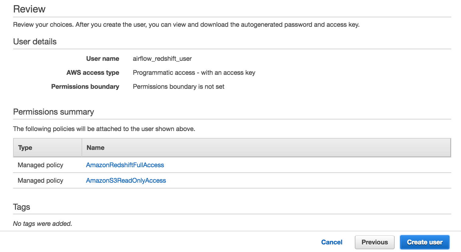 Review the new IAM user details