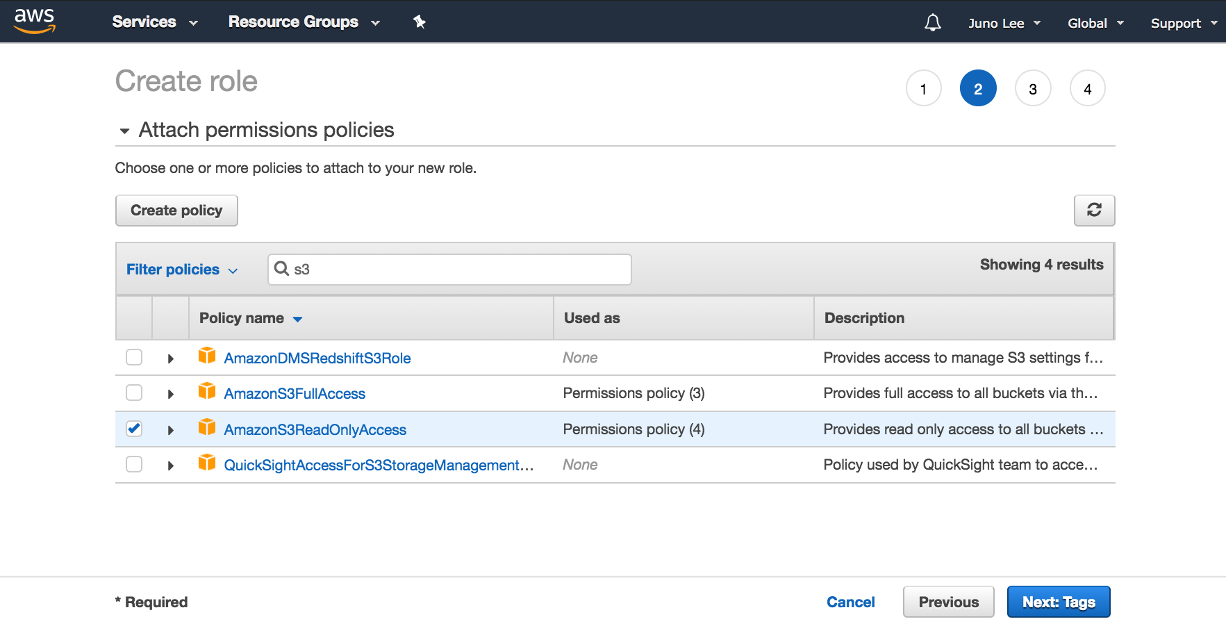 Select a policy to attach to the new role