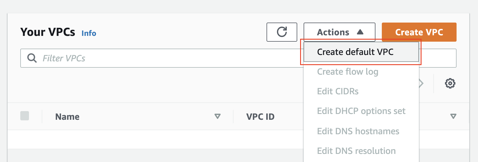 Create a default VPC, if not available already