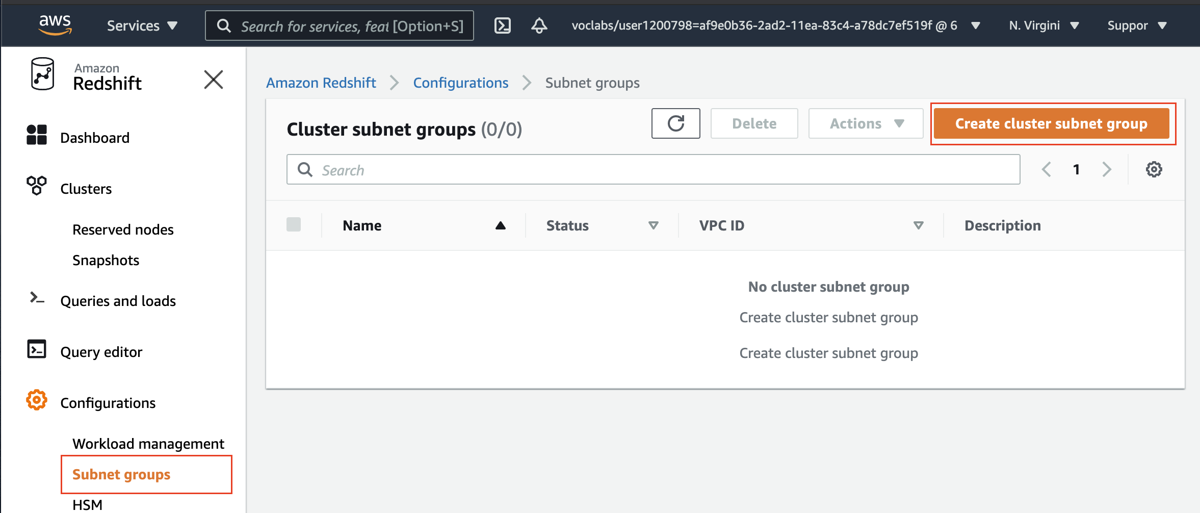 Amazon Redshift &#8594;	 Configurations &#8594;	 Subnet groups