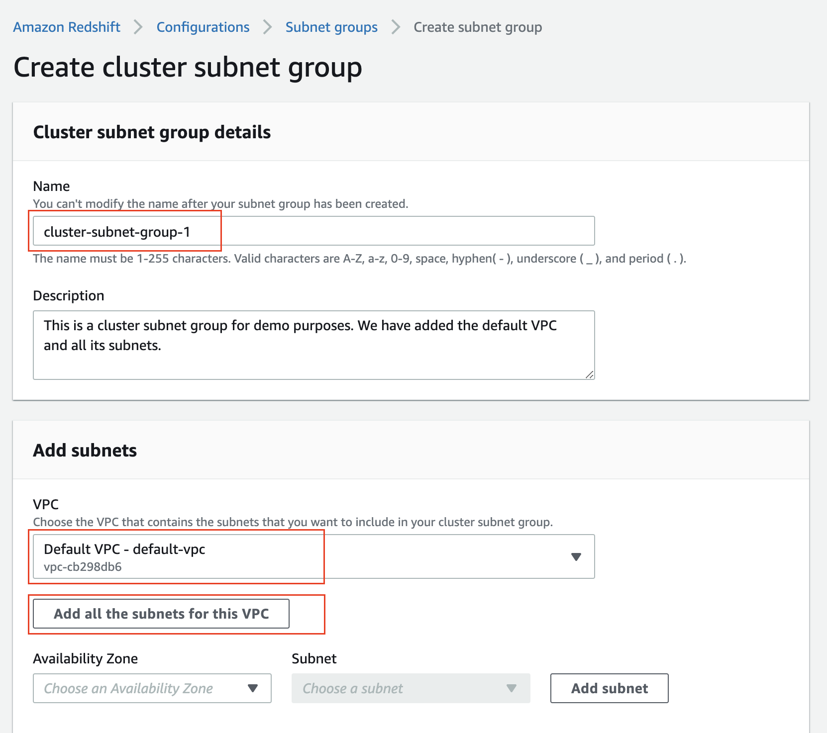 Create a cluster subnet group from a default VPC
