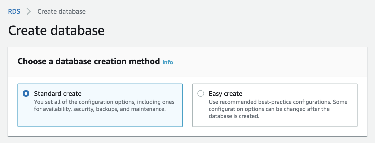 Choose a database creation method