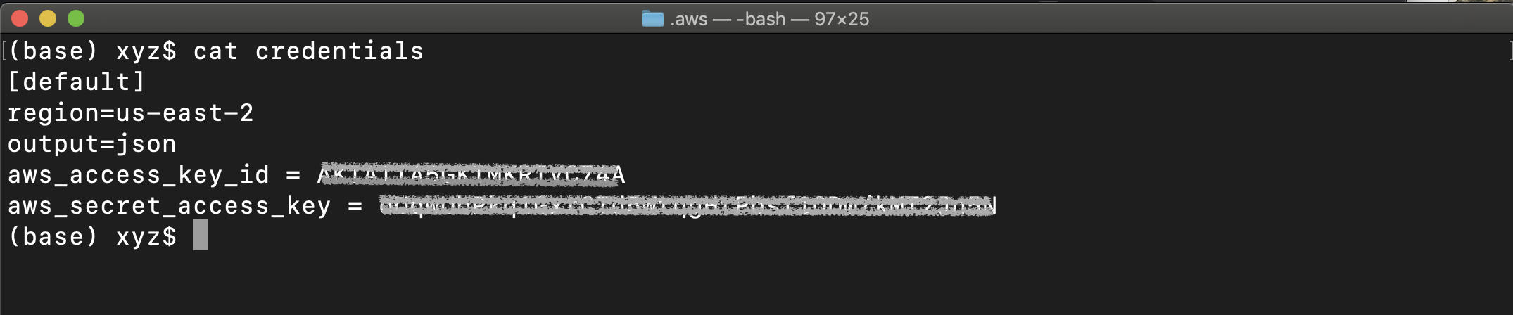 Mac/Linux: View the credentials file using `cat ~/.aws/credentials` command