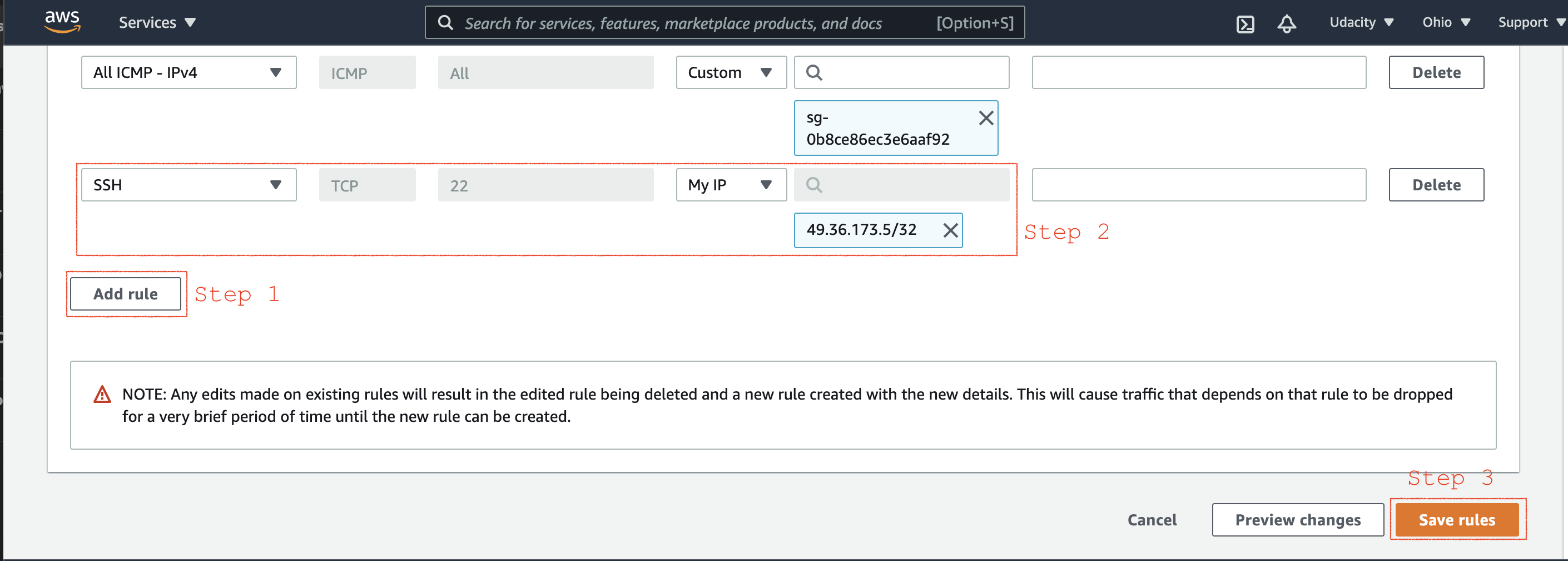 Add new inbound SSH traffic (port 22) from your local IP