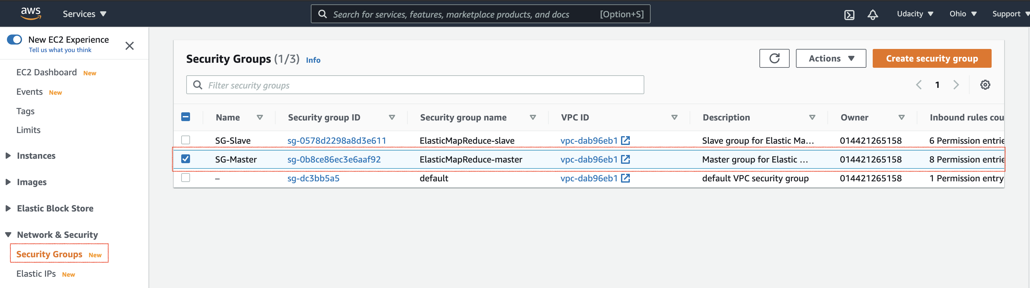 Select the security group associated with the master 