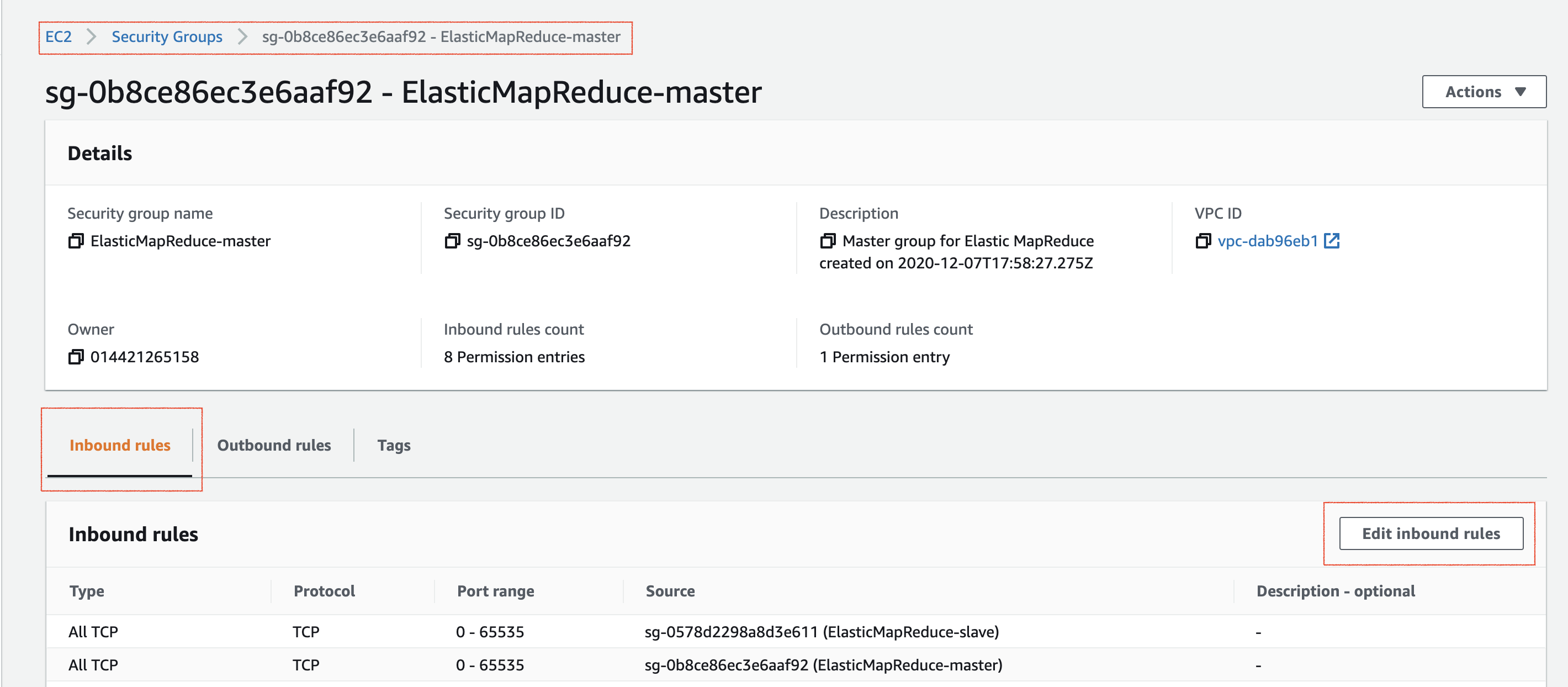 Edit the inbound rules of the master node