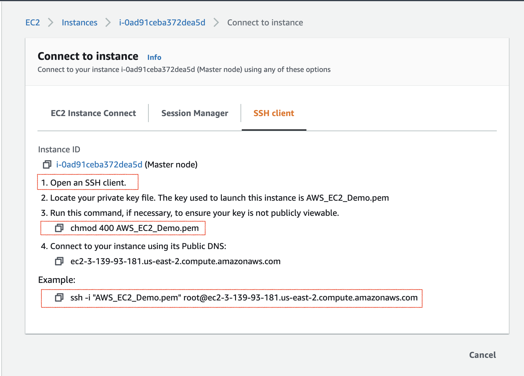 Steps to connect using SSH protocol. After a successful connection, you can `exit` your connection.