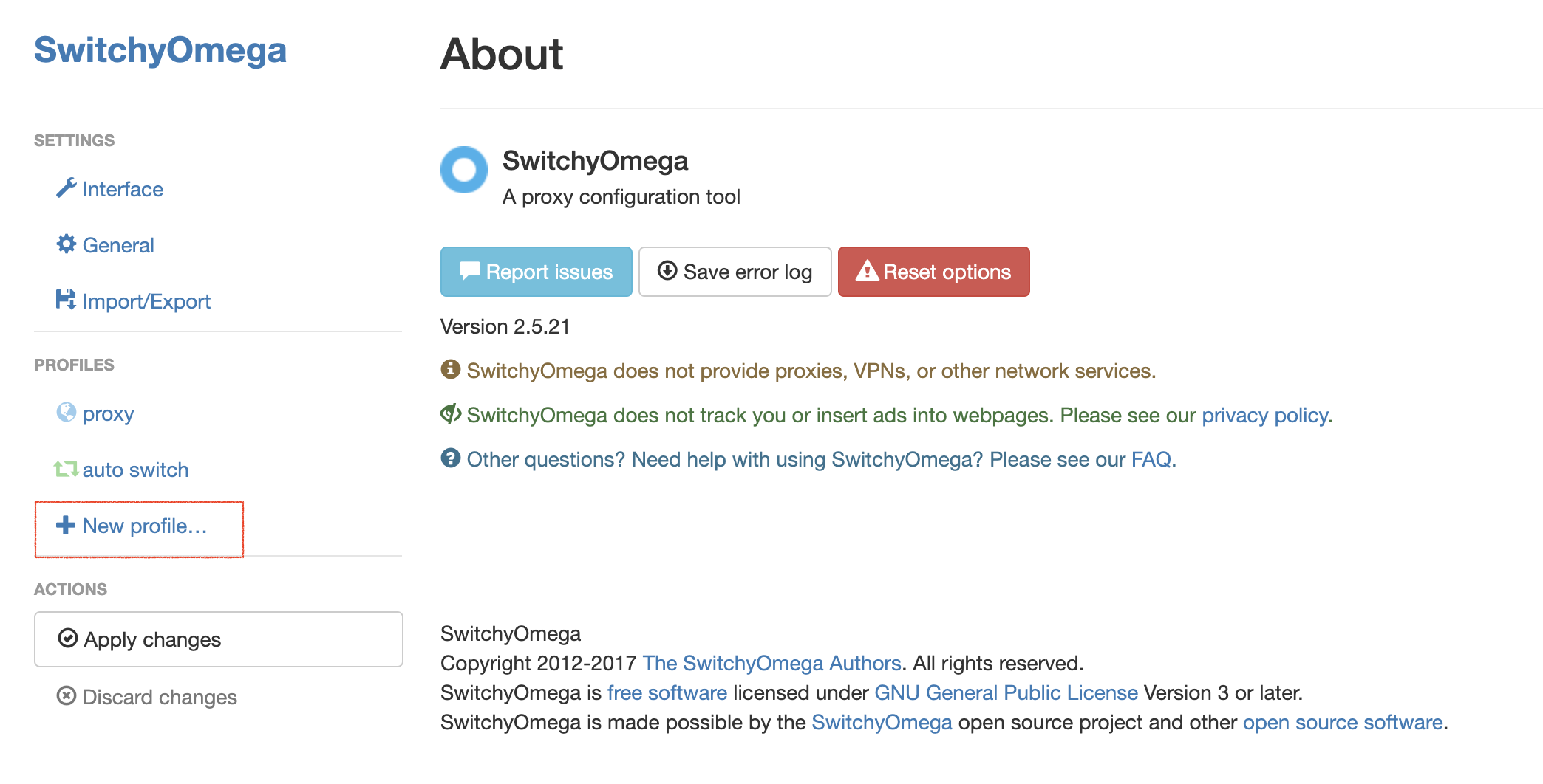 Create a new profile in SwitchyOmega
