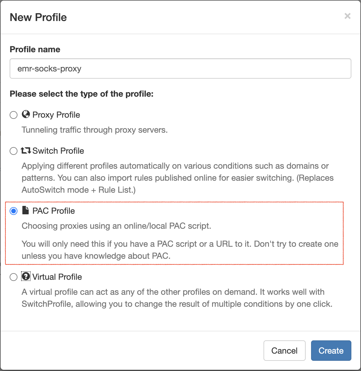 Enter the profile name and choose a profile type
