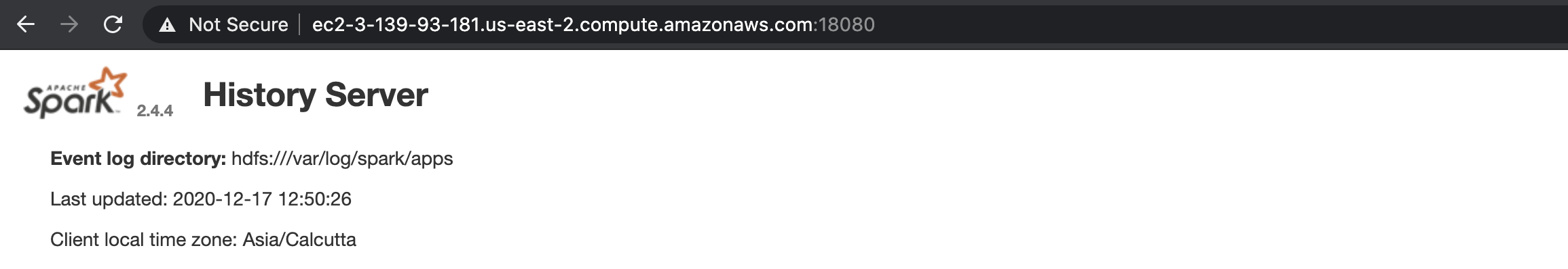 Spark UI, accessed from the CLI (note the URL above). Though, you can access the same Spark UI by selecting the cluster summary from the **EMR console** &#8594; **Clusters**, and clicking on the **Persistent user interface** hyperlink. 