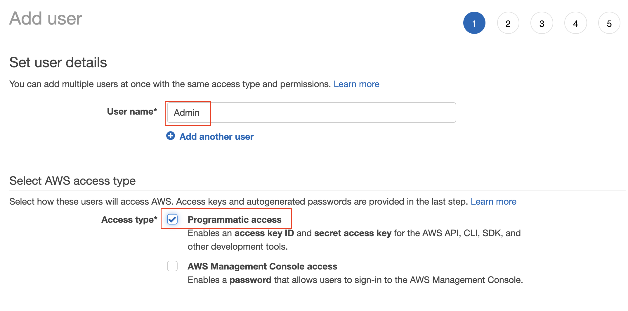 Set the user name, and type (mode) of access 