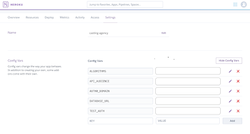 After hitting `Reveal Config Vars` you’ll see a table like this where you can define environment variables for your hosted Heroku app. 