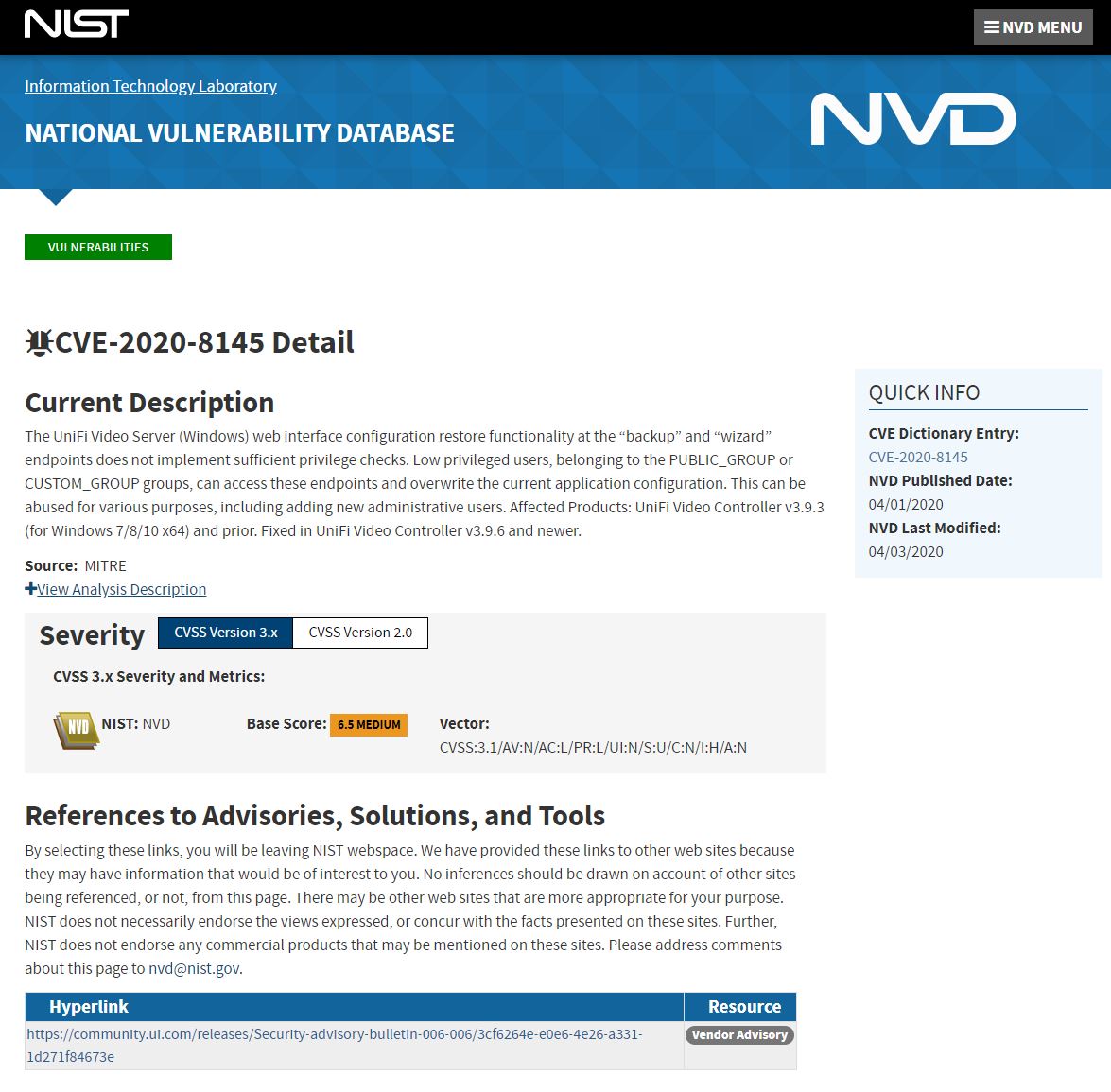 Sample NVD Search Results for CVE-2020-8145