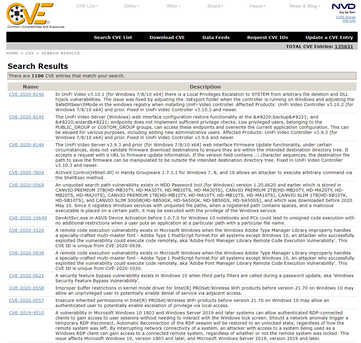 Sample CVE Search Results for Windows 10