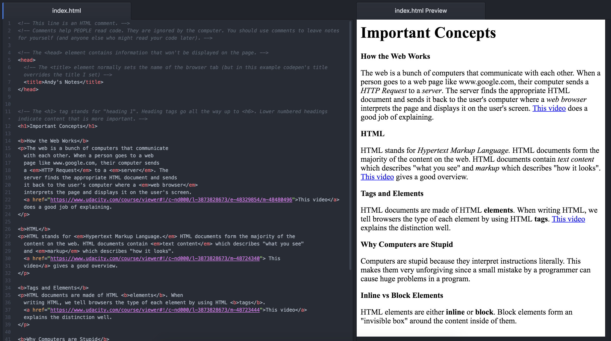 Example of notes organized in an HTML document (with an HTML preview in Atom). 