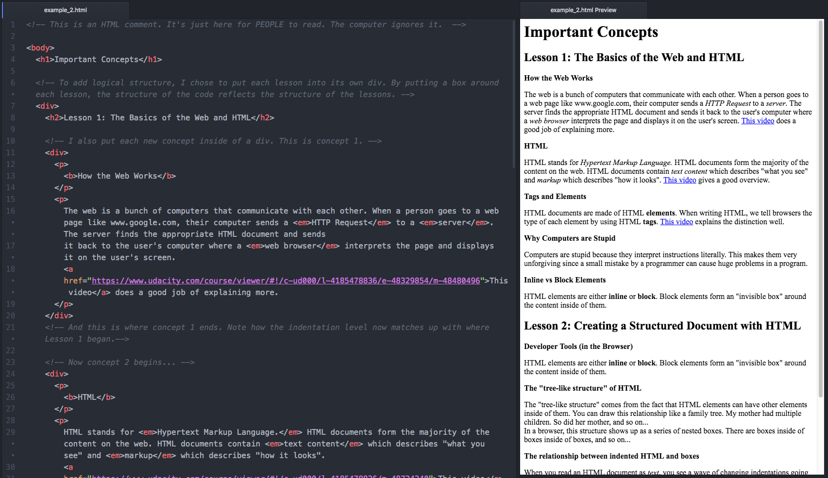 Example 2. What does this HTML include that Example 1 lacks?