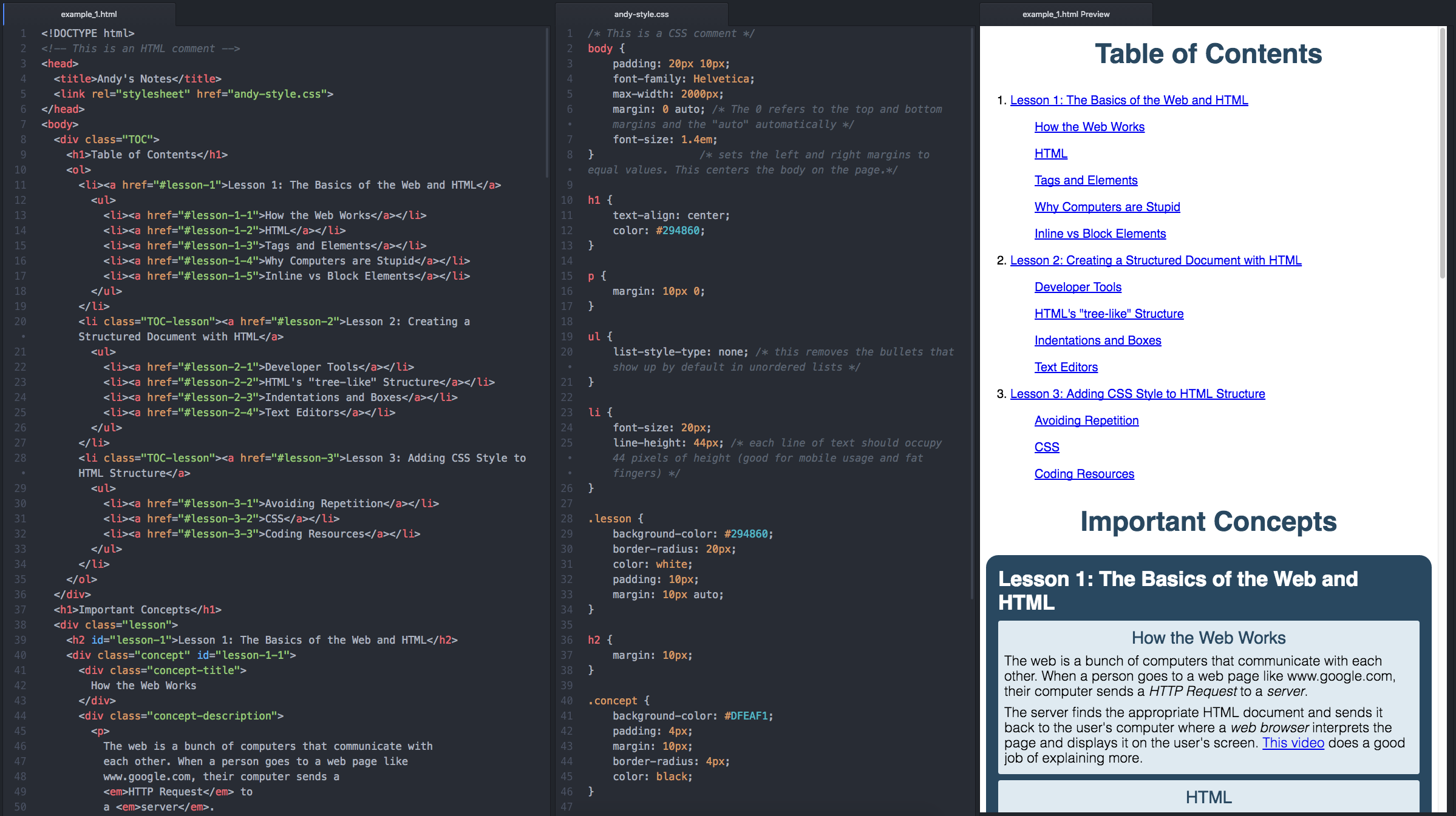 Split view in Atom showing HTML, CSS, and the preview of the rendered result.