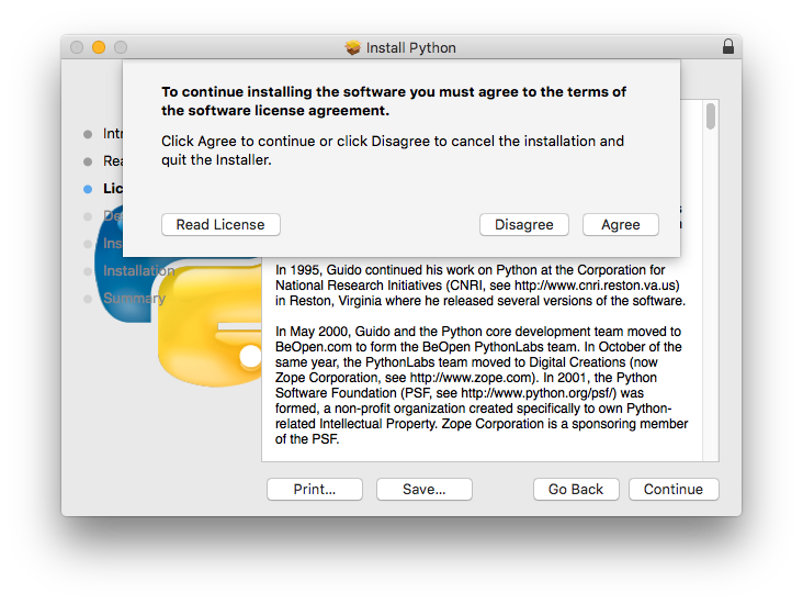 License terms agreement pop-up.