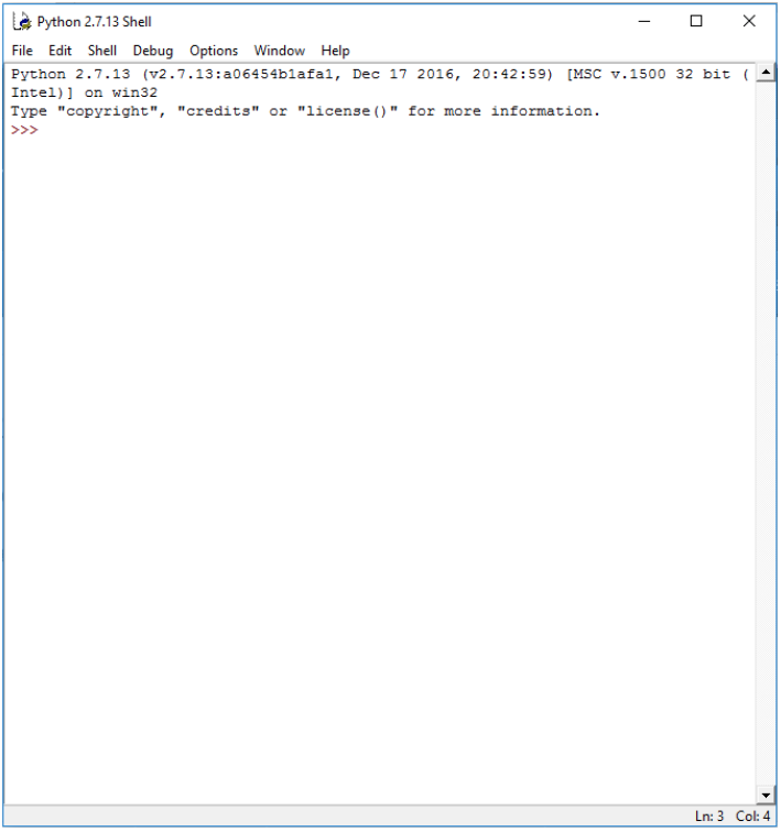 Opening up a program called IDLE (Python GUI) will allow us to verify our installed version of Python — 2.7.13.