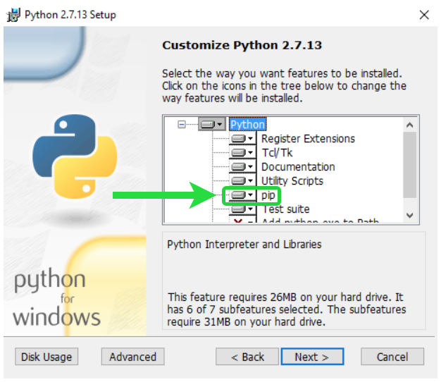 Customizing Python 2.7.13 — selecting features.