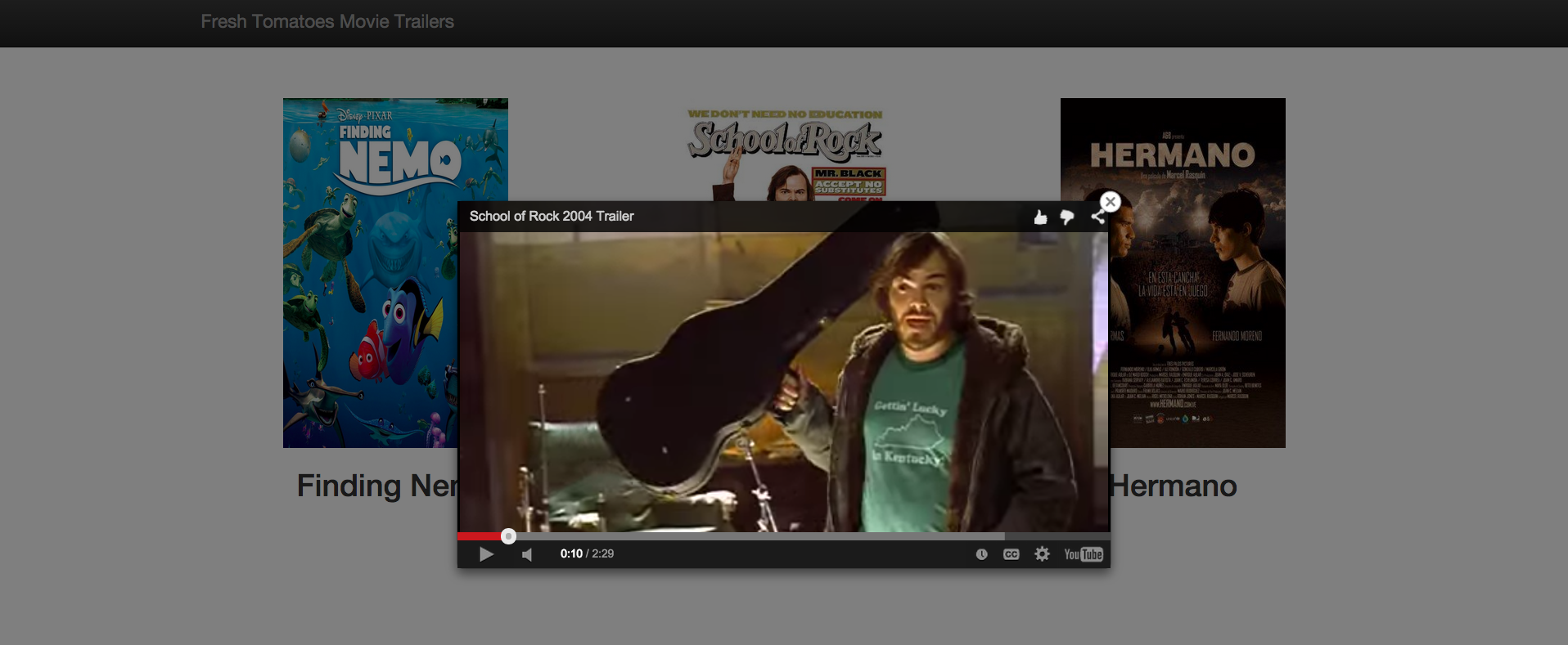 Page allows users to click on a movie image to watch its trailer
