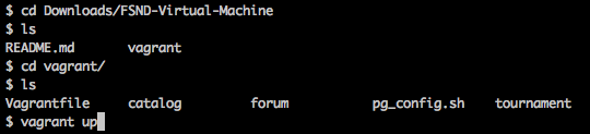 _Navigating to the FSND-Virtual-Machine directory and listing the files in it._  
_This picture was taken on a Mac, but the commands will look the same on Git Bash on Windows._