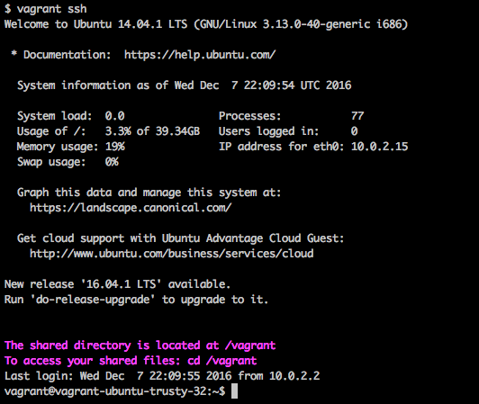 _Logging into the Linux VM with `vagrant ssh`._