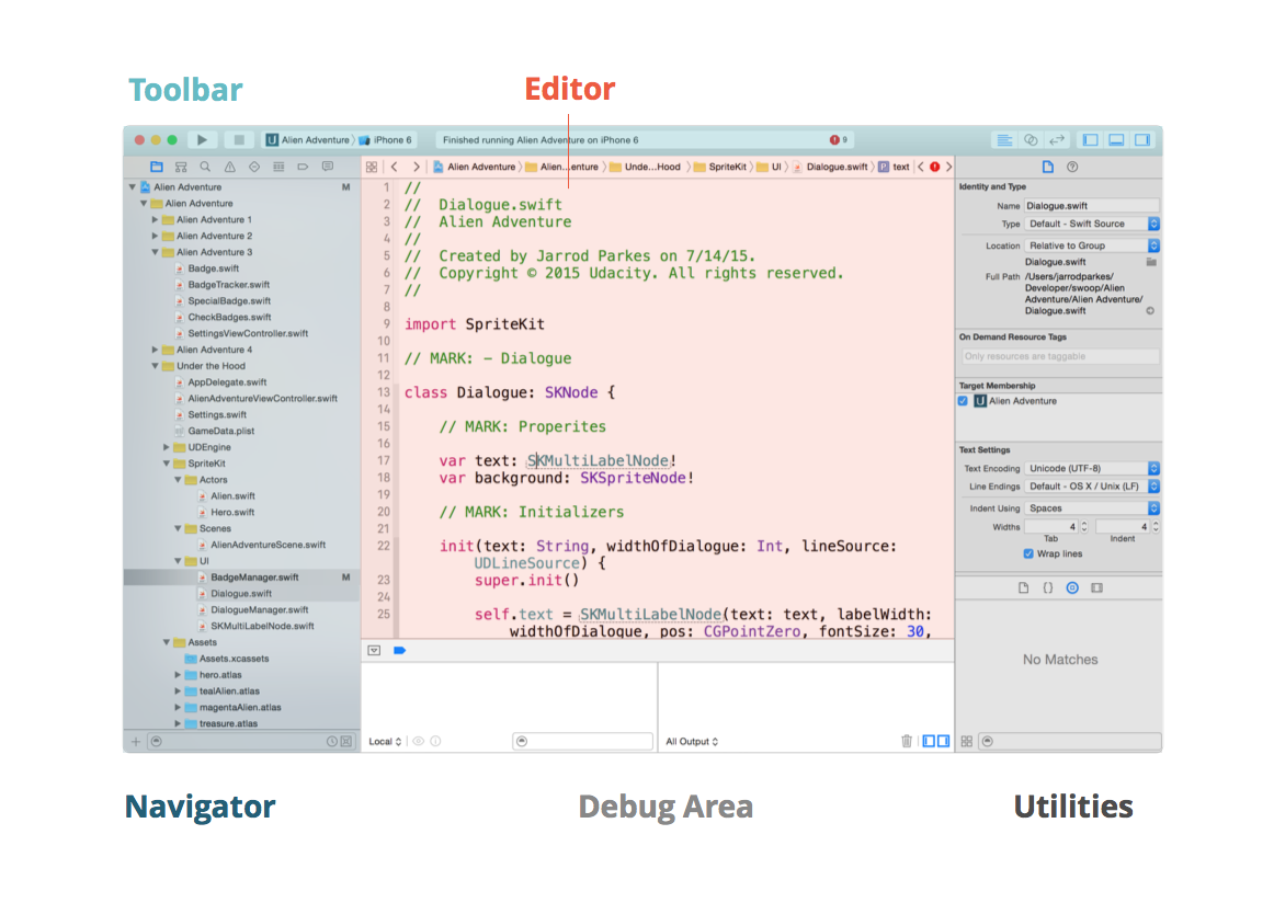 Xcode is divided into five main sections.
