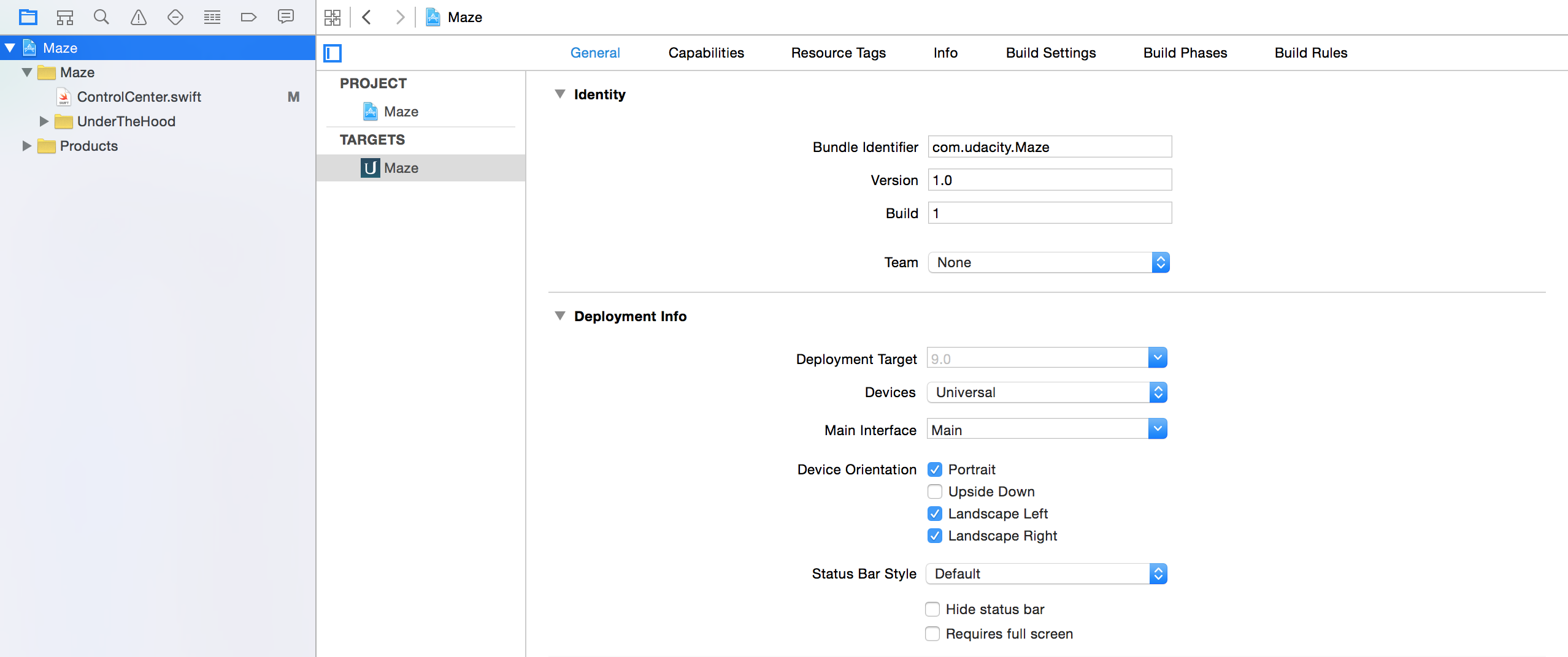 Here, the Maze project has been selected in the Project navigator.