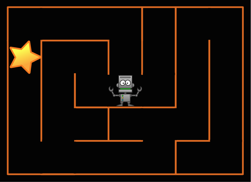By default, the robot is centered in the maze and the star is to the left.