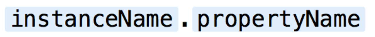 The syntax for accessing a property is an instance name followed by the property name.