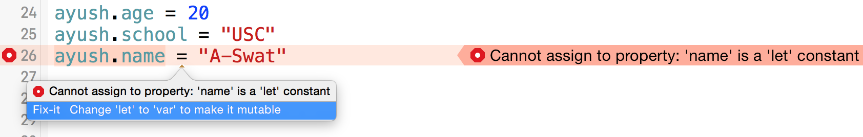 The name property cannot be changed because it is a constant.