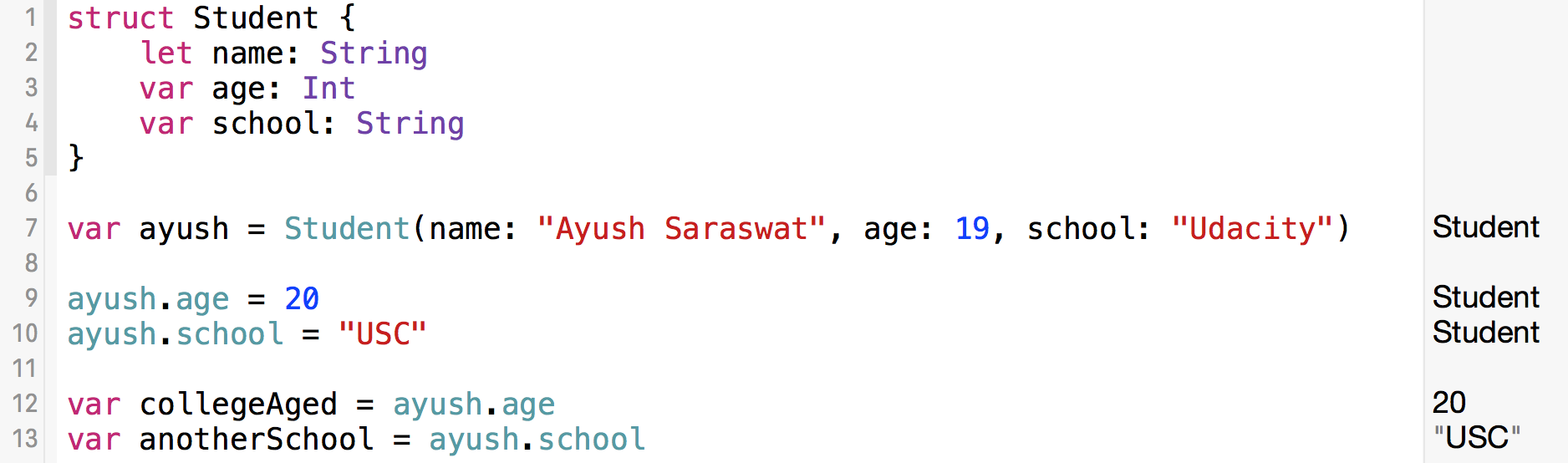 The variable "anotherSchool" takes on the value of "ayush.school".