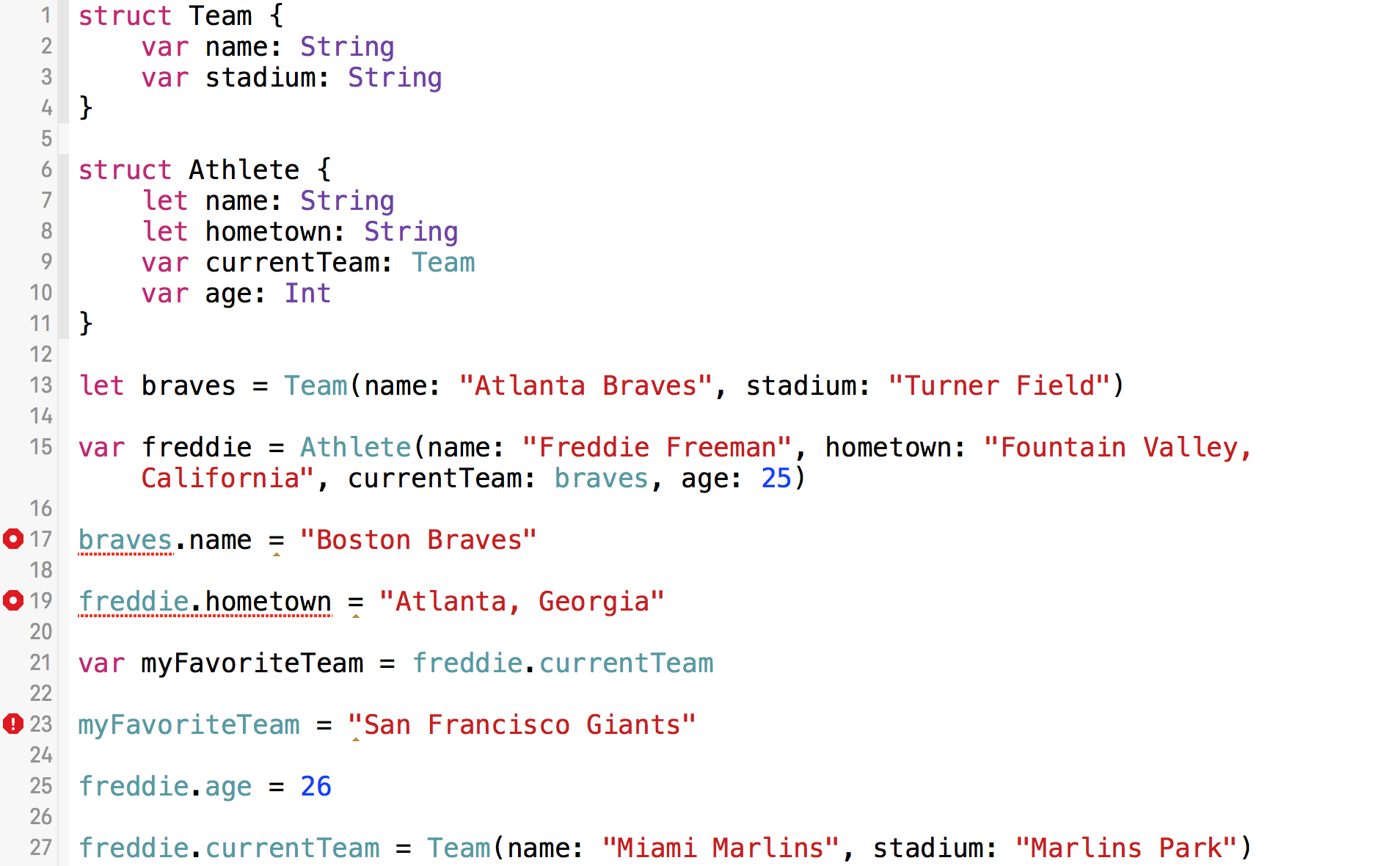 Lines 17, 19, and 23 have errors.
