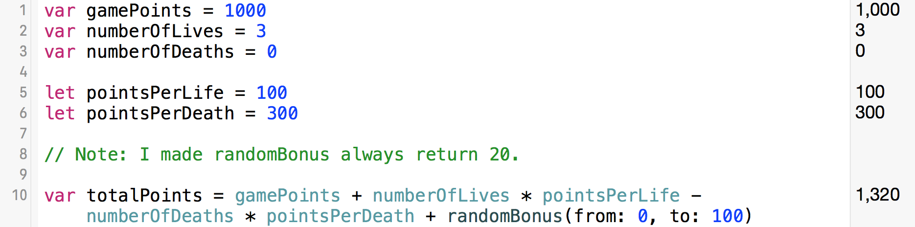 The "totalPoints" calculation can be translated almost directly into a Playground.