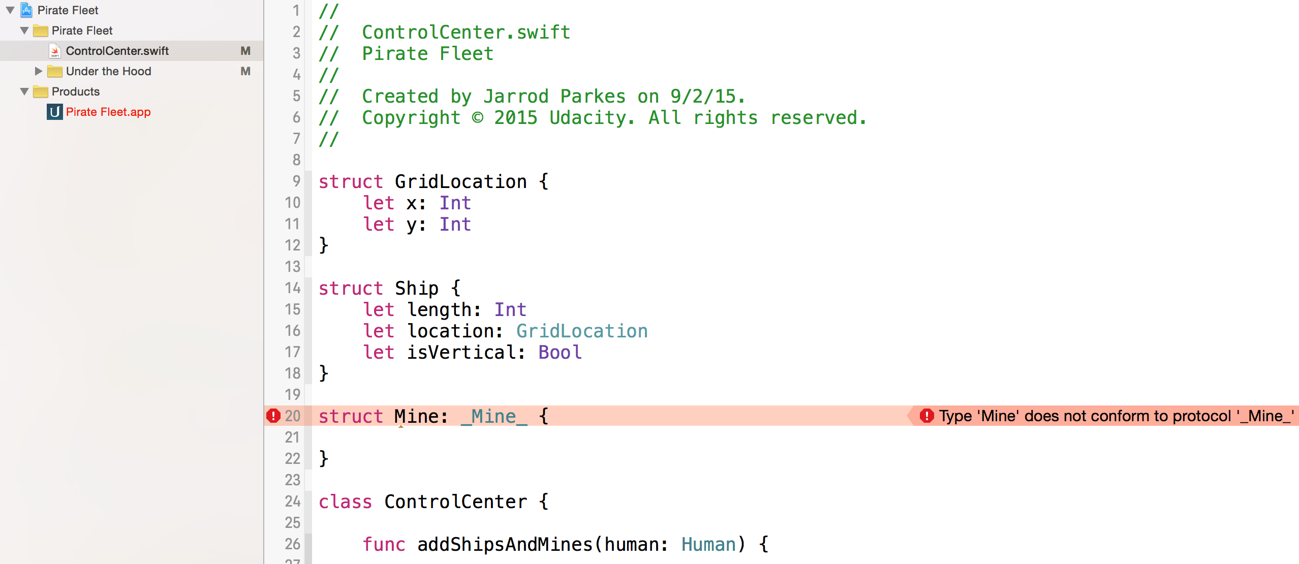 When we first create the Mine struct, an error will appear that can be ignored for now.