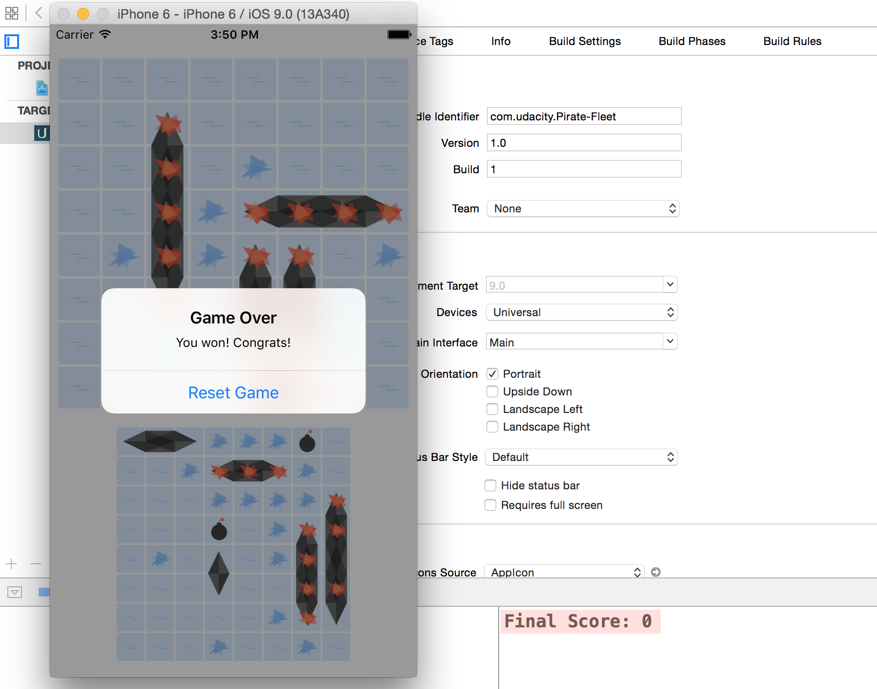 The Debug Area shows a final score of 0. That's not right!