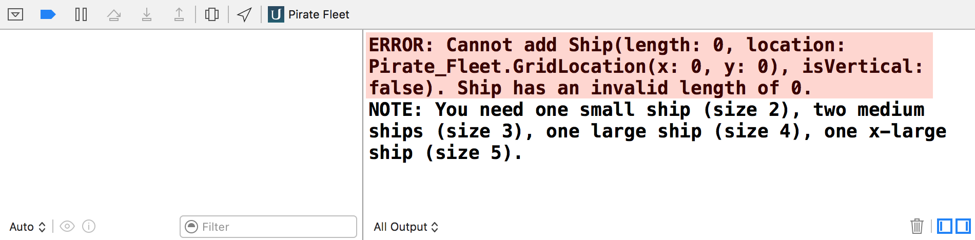 Here, the Debug Area reports that a ship of length 0 cannot be added to the grid.