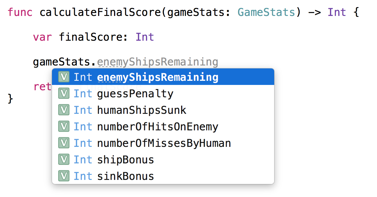 The GameStats struct contains values useful for calculating the final score.