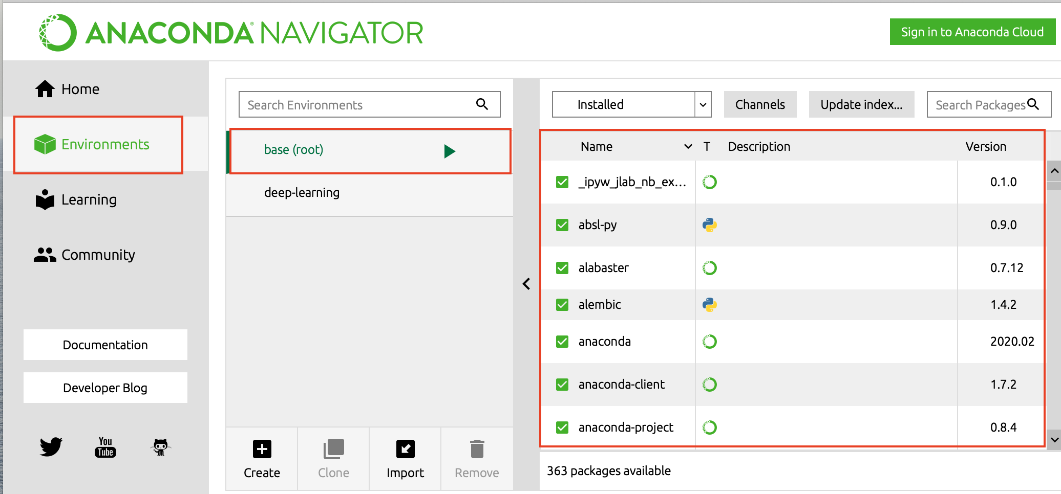 The default `base(root)` environment in Anaconda