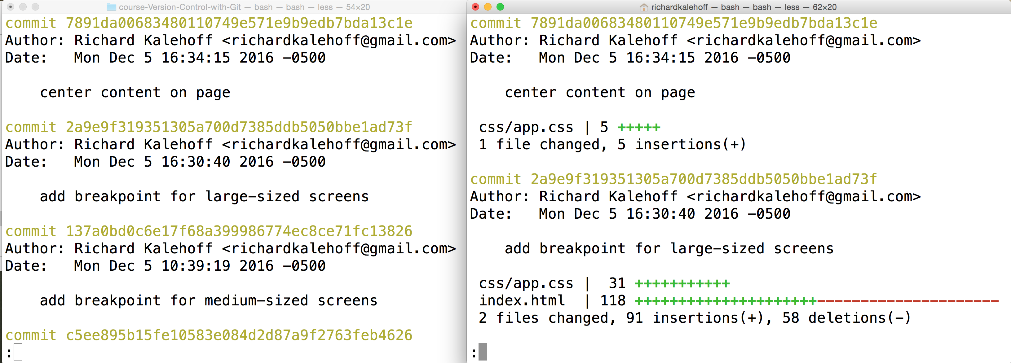 _Two Terminal applications side-by-side. The left one shows the result of the `git log` command with all of the information while the right one shows the result of the `git log --stat` command which lists the files that were changed as well as the number of added/removed lines._