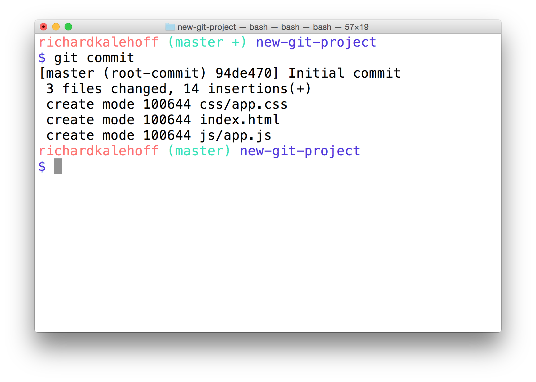 _The Terminal application after closing the code editor. It displays the SHA for the new commit as well as information about the commit like the files that were added and how many lines of code were added._