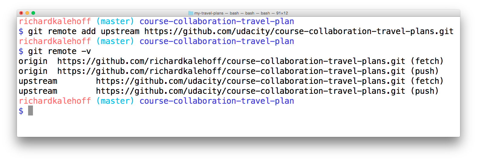 _The terminal application show both information about both remotes - `origin` and `upstream`._