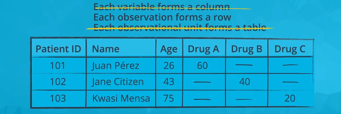 *Only the second rule of tidy data is satisfied in this non-tidy representation of the above data: each observation forms a row*