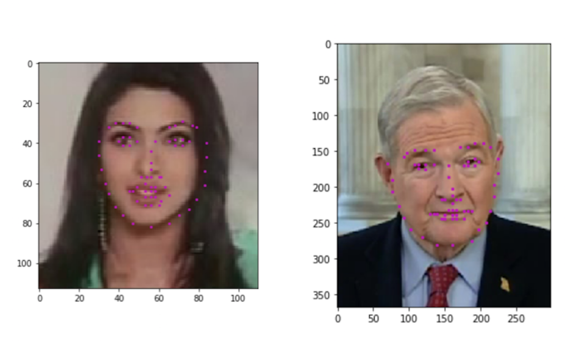 Facial keypoints displayed on two images, each of which contains a single face.