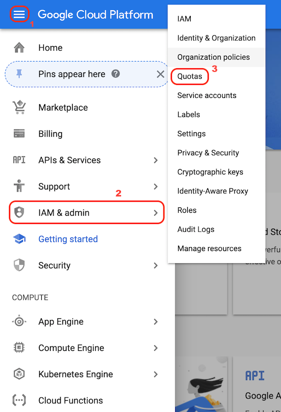 Navigate to `Quotas`.