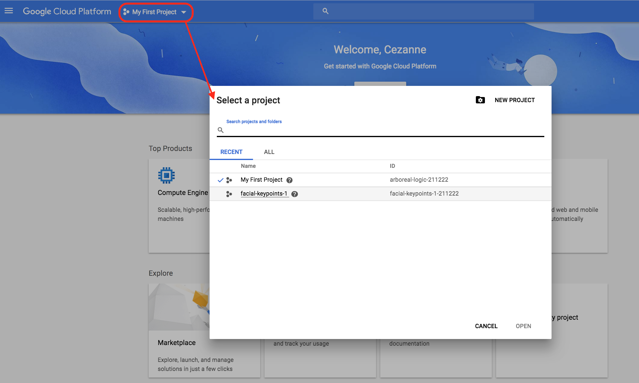 Select the project that you just created.